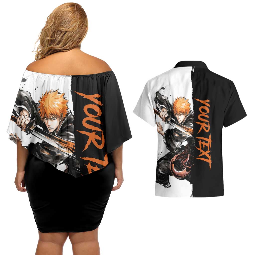 Personalized Ichigo Kurosaki Couples Matching Off Shoulder Short Dress and Hawaiian Shirt Ink Splash Anime Brush Style