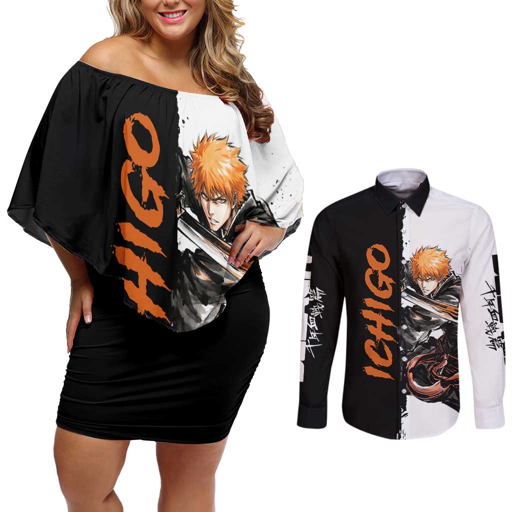 Personalized Ichigo Kurosaki Couples Matching Off Shoulder Short Dress and Long Sleeve Button Shirt Ink Splash Anime Brush Style