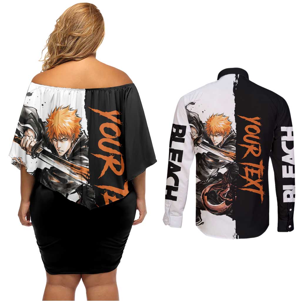 Personalized Ichigo Kurosaki Couples Matching Off Shoulder Short Dress and Long Sleeve Button Shirt Ink Splash Anime Brush Style