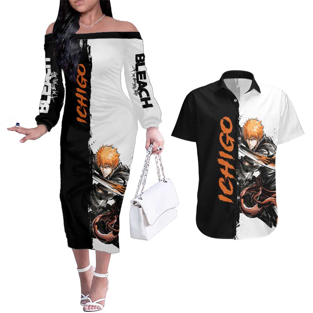 Personalized Ichigo Kurosaki Couples Matching Off The Shoulder Long Sleeve Dress and Hawaiian Shirt Ink Splash Anime Brush Style