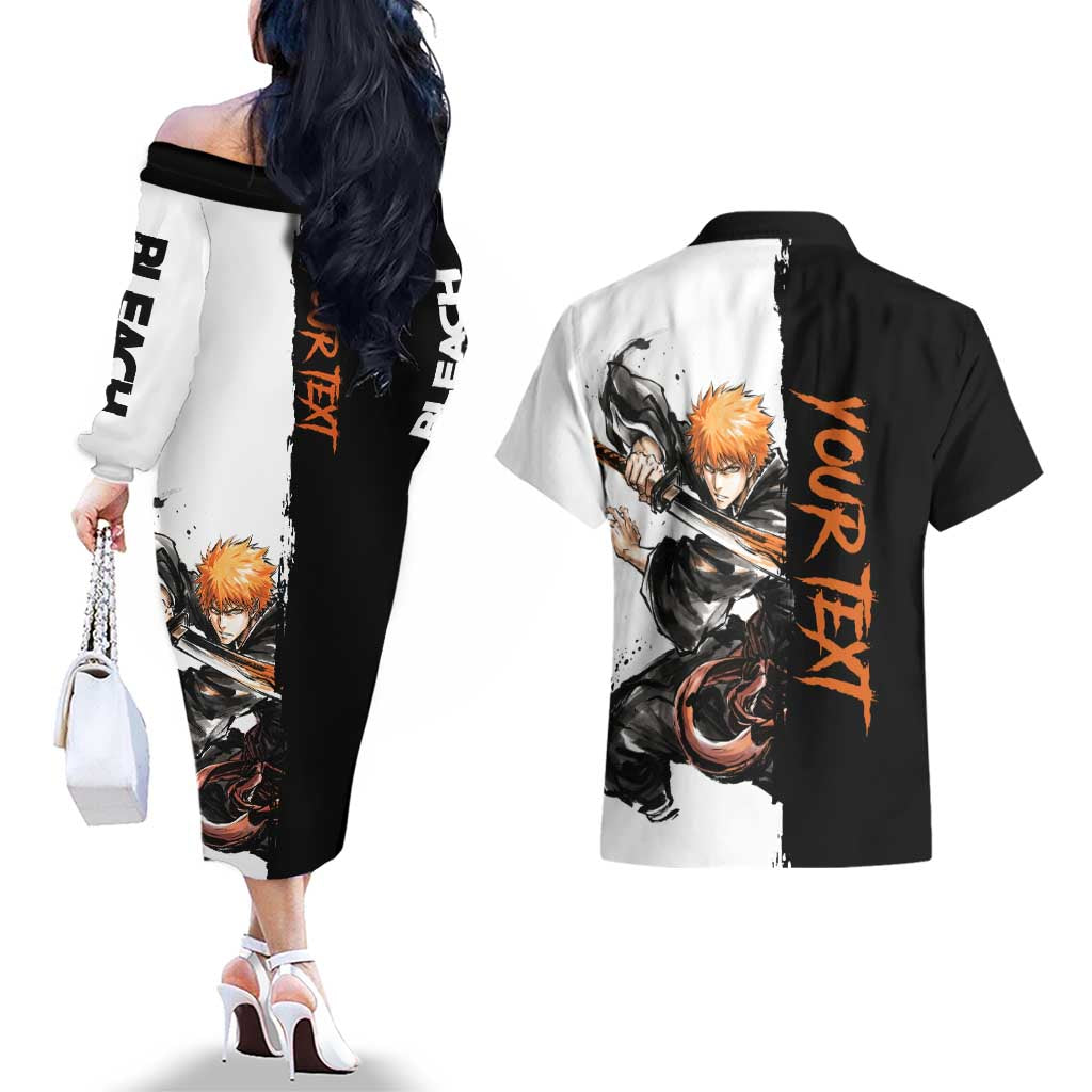 Personalized Ichigo Kurosaki Couples Matching Off The Shoulder Long Sleeve Dress and Hawaiian Shirt Ink Splash Anime Brush Style
