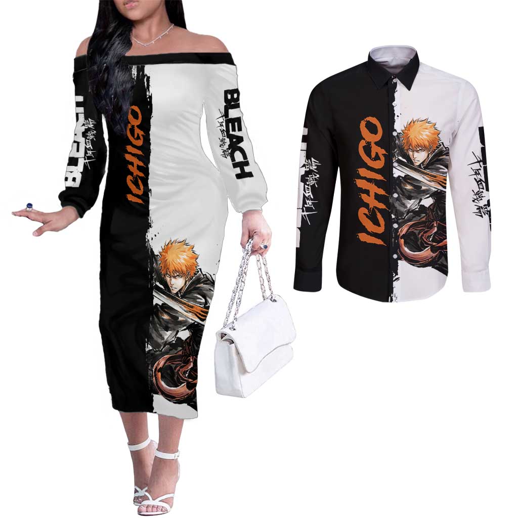 Personalized Ichigo Kurosaki Couples Matching Off The Shoulder Long Sleeve Dress and Long Sleeve Button Shirt Ink Splash Anime Brush Style