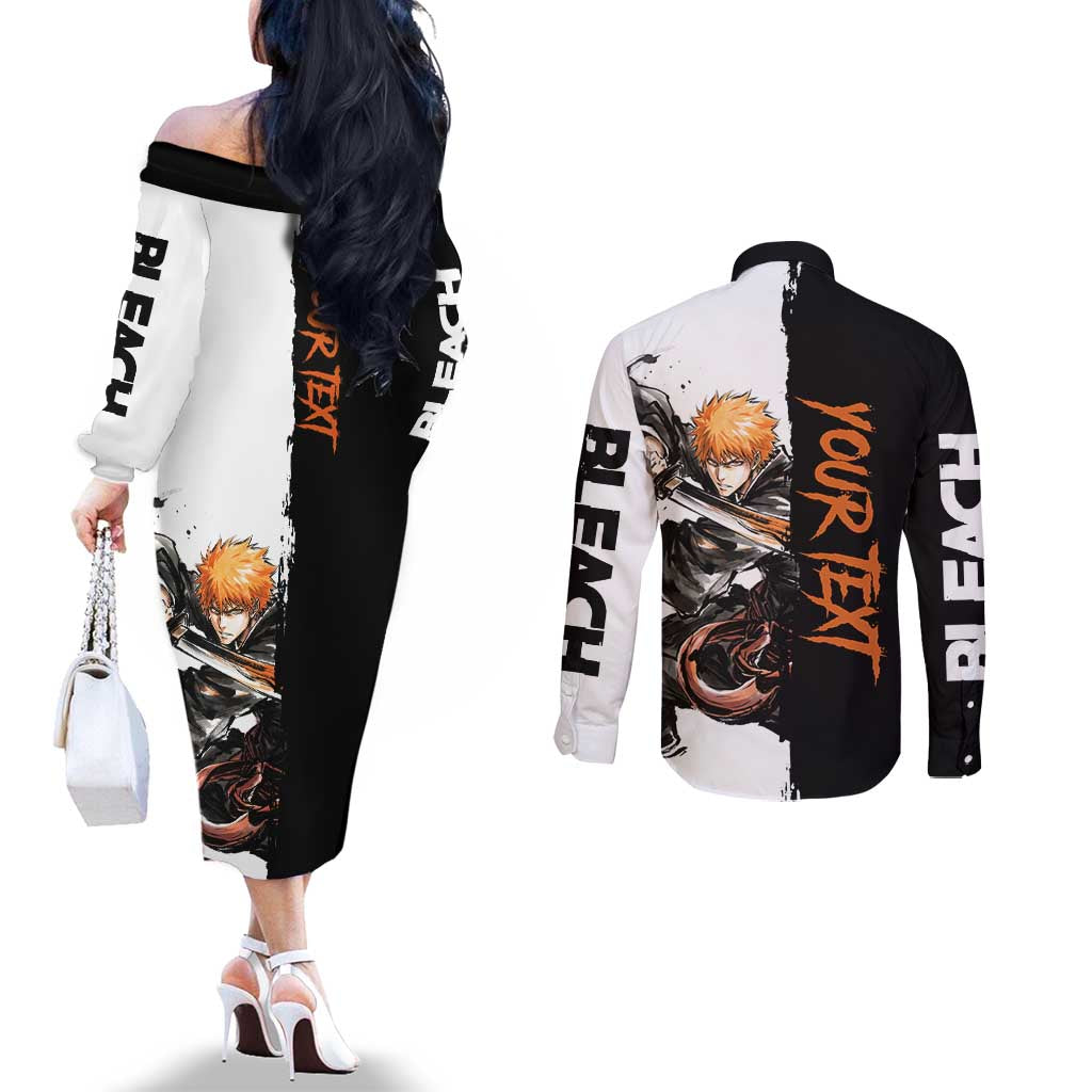 Personalized Ichigo Kurosaki Couples Matching Off The Shoulder Long Sleeve Dress and Long Sleeve Button Shirt Ink Splash Anime Brush Style