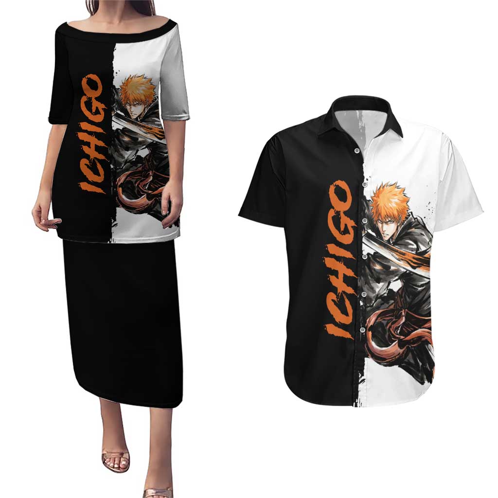 Personalized Ichigo Kurosaki Couples Matching Puletasi and Hawaiian Shirt Ink Splash Anime Brush Style