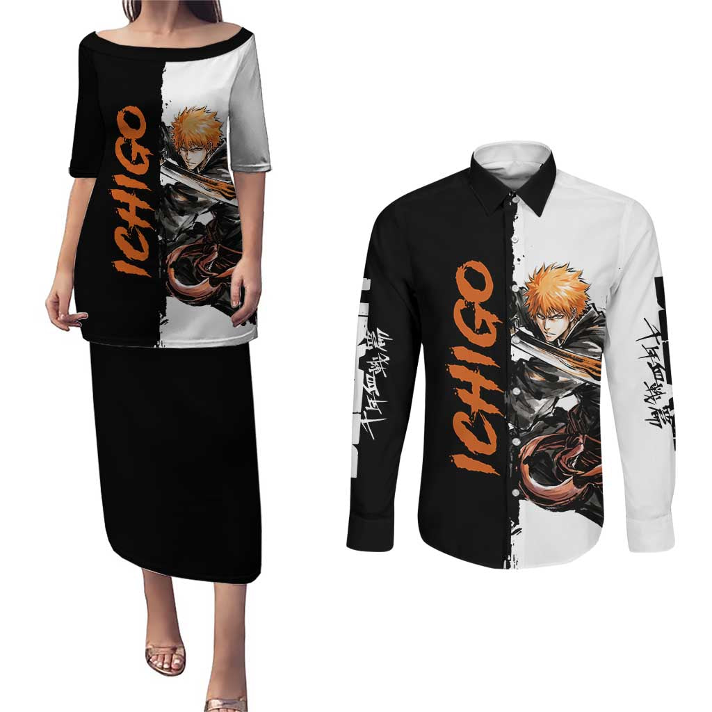 Personalized Ichigo Kurosaki Couples Matching Puletasi and Long Sleeve Button Shirt Ink Splash Anime Brush Style