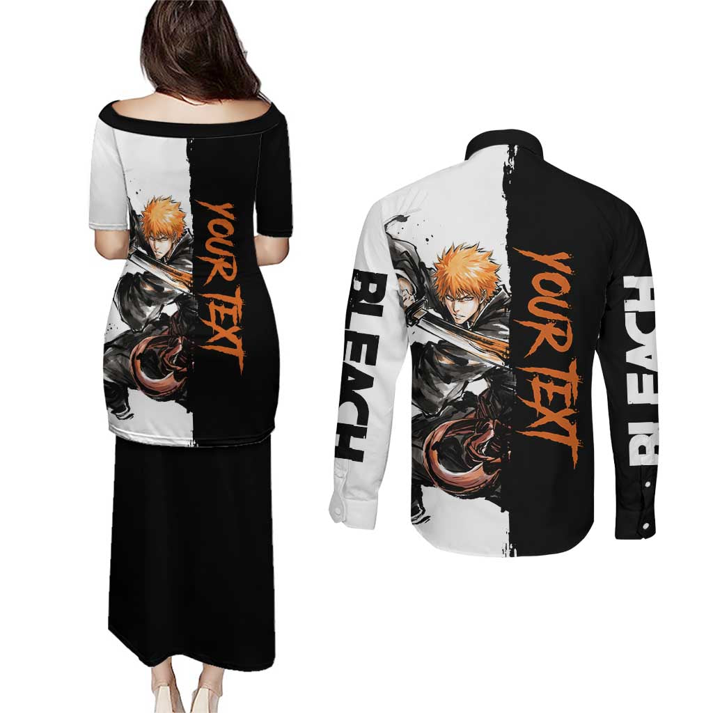Personalized Ichigo Kurosaki Couples Matching Puletasi and Long Sleeve Button Shirt Ink Splash Anime Brush Style