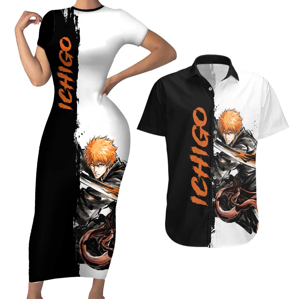 Personalized Ichigo Kurosaki Couples Matching Short Sleeve Bodycon Dress and Hawaiian Shirt Ink Splash Anime Brush Style