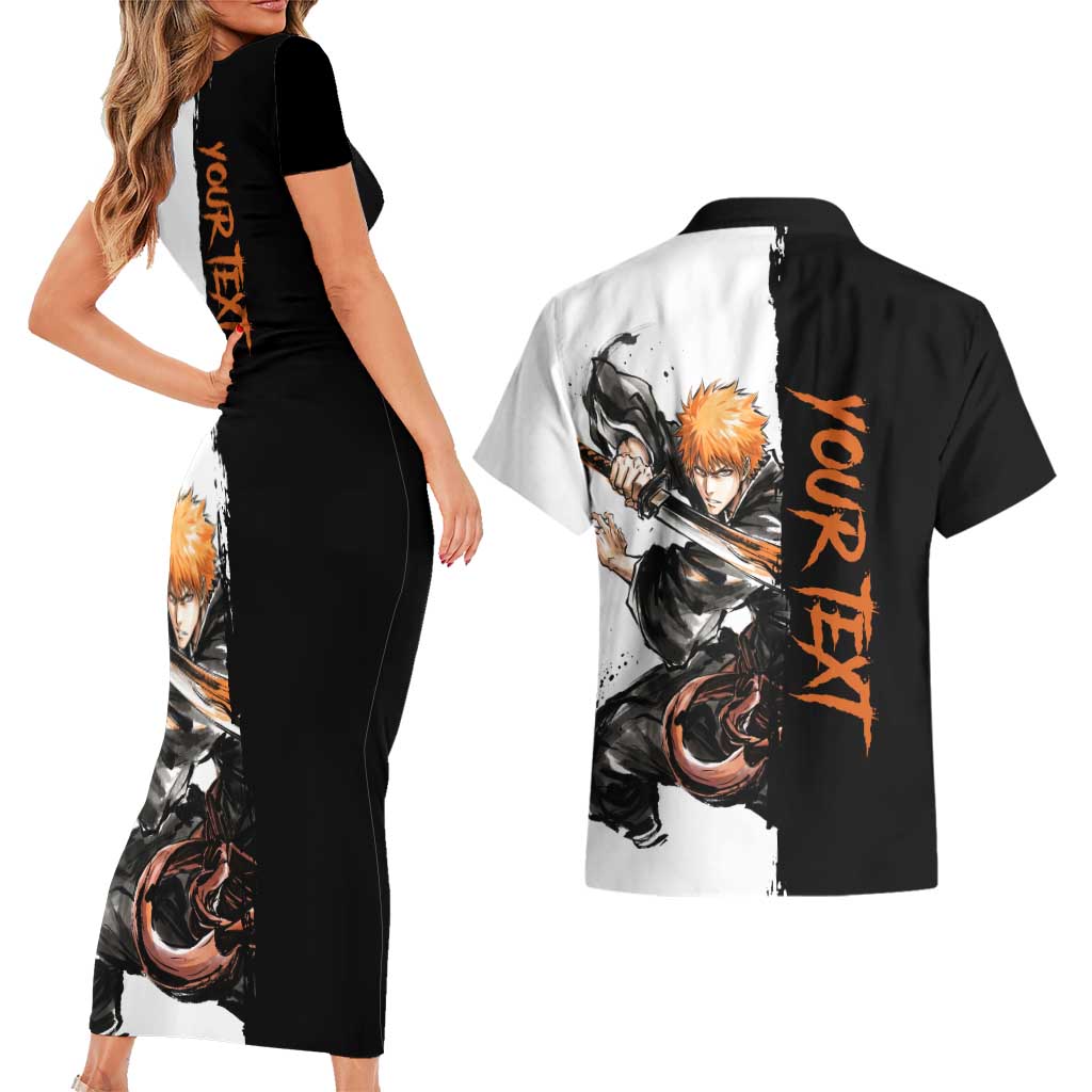 Personalized Ichigo Kurosaki Couples Matching Short Sleeve Bodycon Dress and Hawaiian Shirt Ink Splash Anime Brush Style
