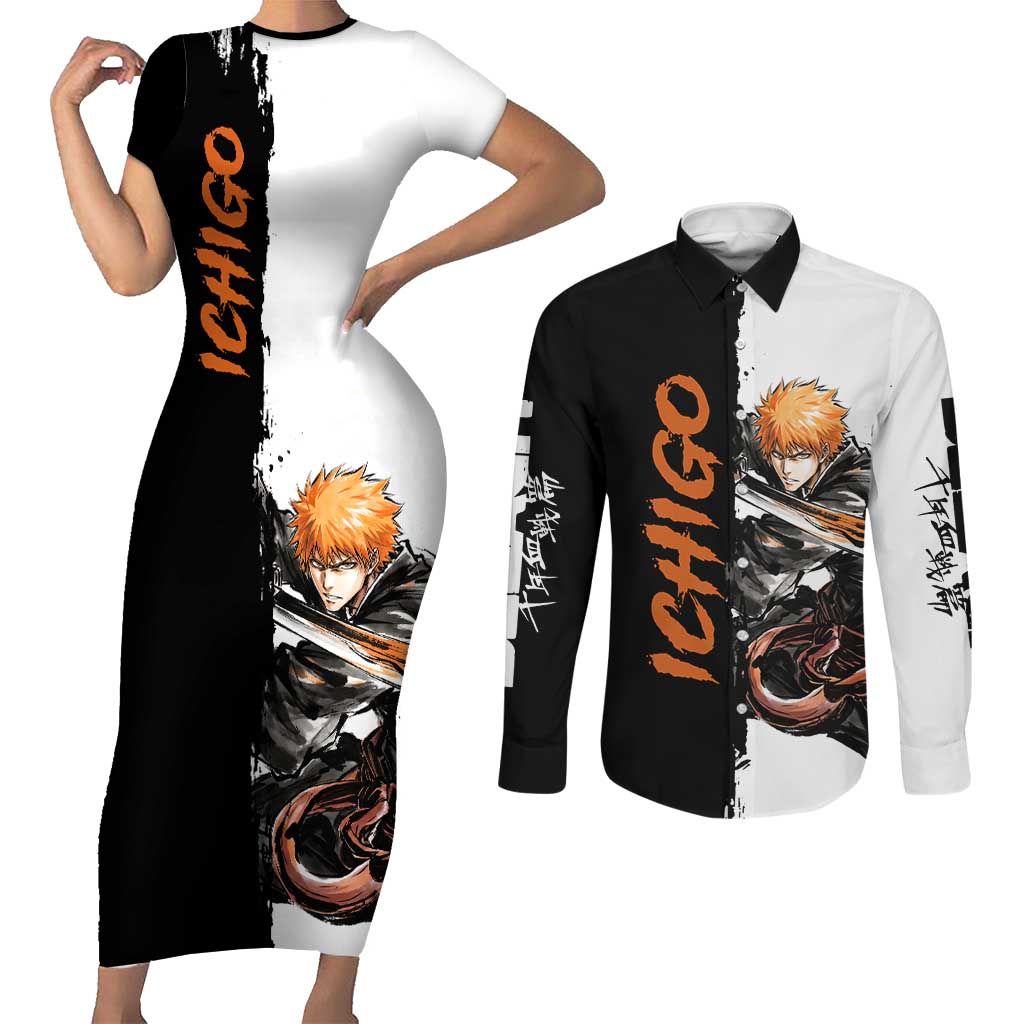Personalized Ichigo Kurosaki Couples Matching Short Sleeve Bodycon Dress and Long Sleeve Button Shirt Ink Splash Anime Brush Style