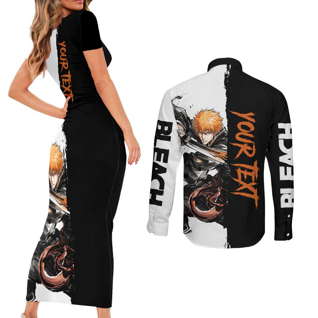 Personalized Ichigo Kurosaki Couples Matching Short Sleeve Bodycon Dress and Long Sleeve Button Shirt Ink Splash Anime Brush Style