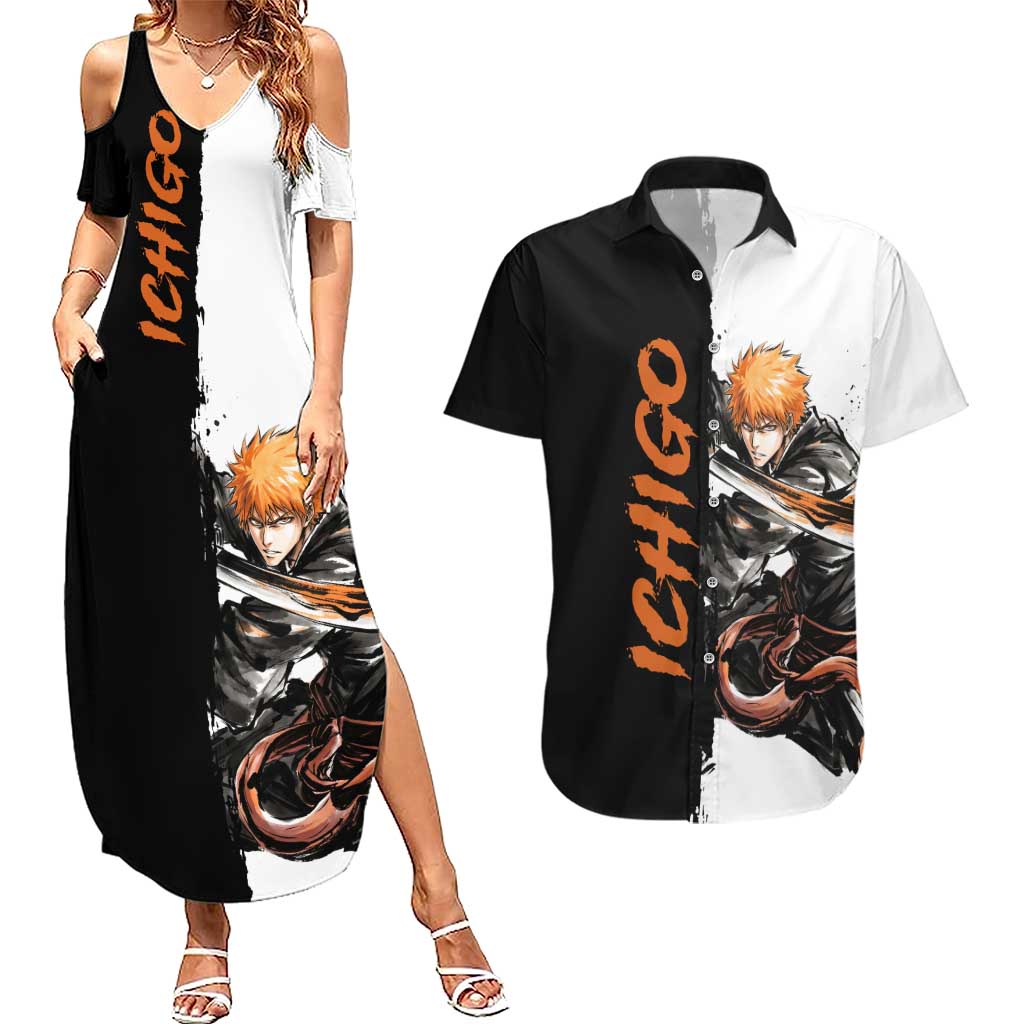 Personalized Ichigo Kurosaki Couples Matching Summer Maxi Dress and Hawaiian Shirt Ink Splash Anime Brush Style