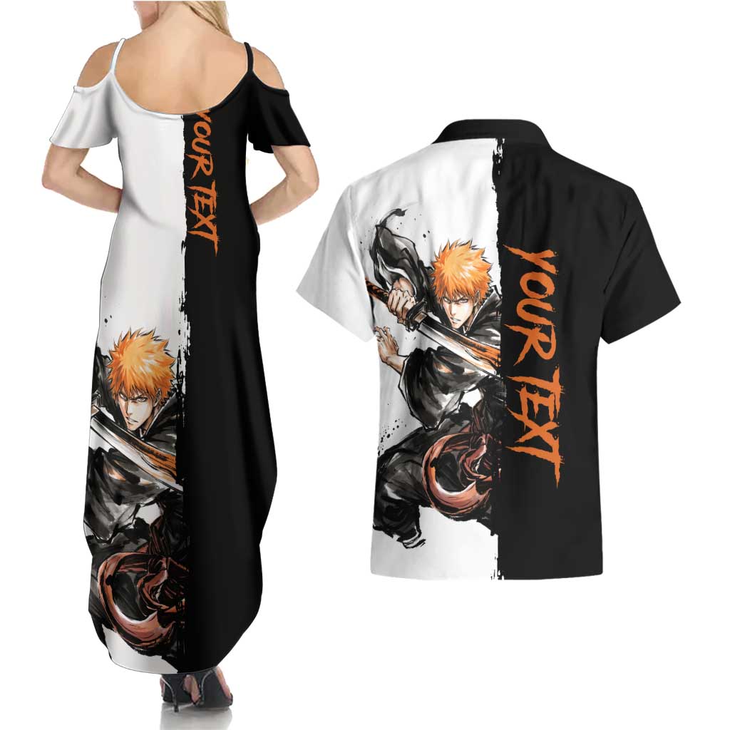 Personalized Ichigo Kurosaki Couples Matching Summer Maxi Dress and Hawaiian Shirt Ink Splash Anime Brush Style