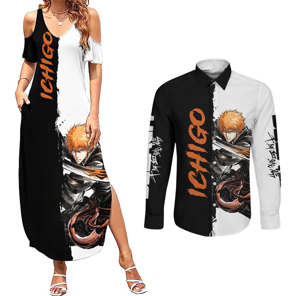 Personalized Ichigo Kurosaki Couples Matching Summer Maxi Dress and Long Sleeve Button Shirt Ink Splash Anime Brush Style