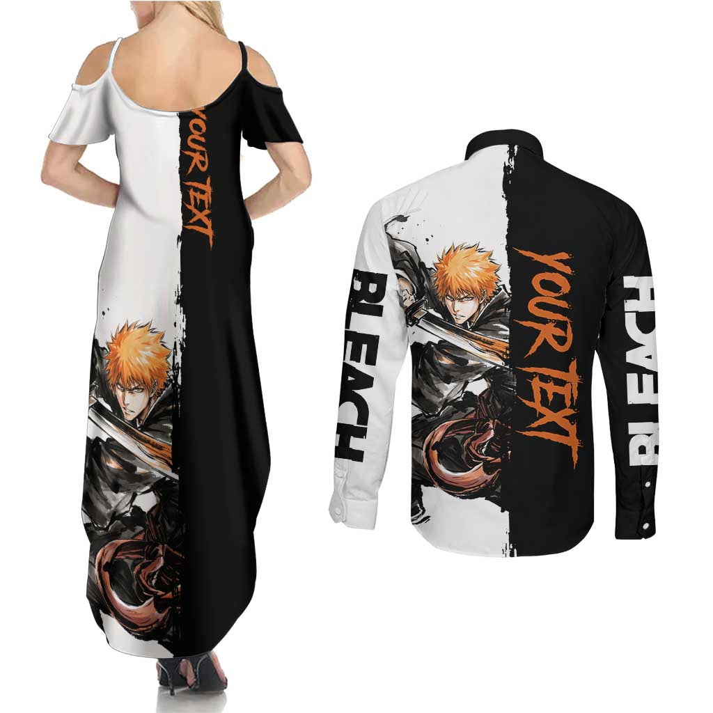 Personalized Ichigo Kurosaki Couples Matching Summer Maxi Dress and Long Sleeve Button Shirt Ink Splash Anime Brush Style