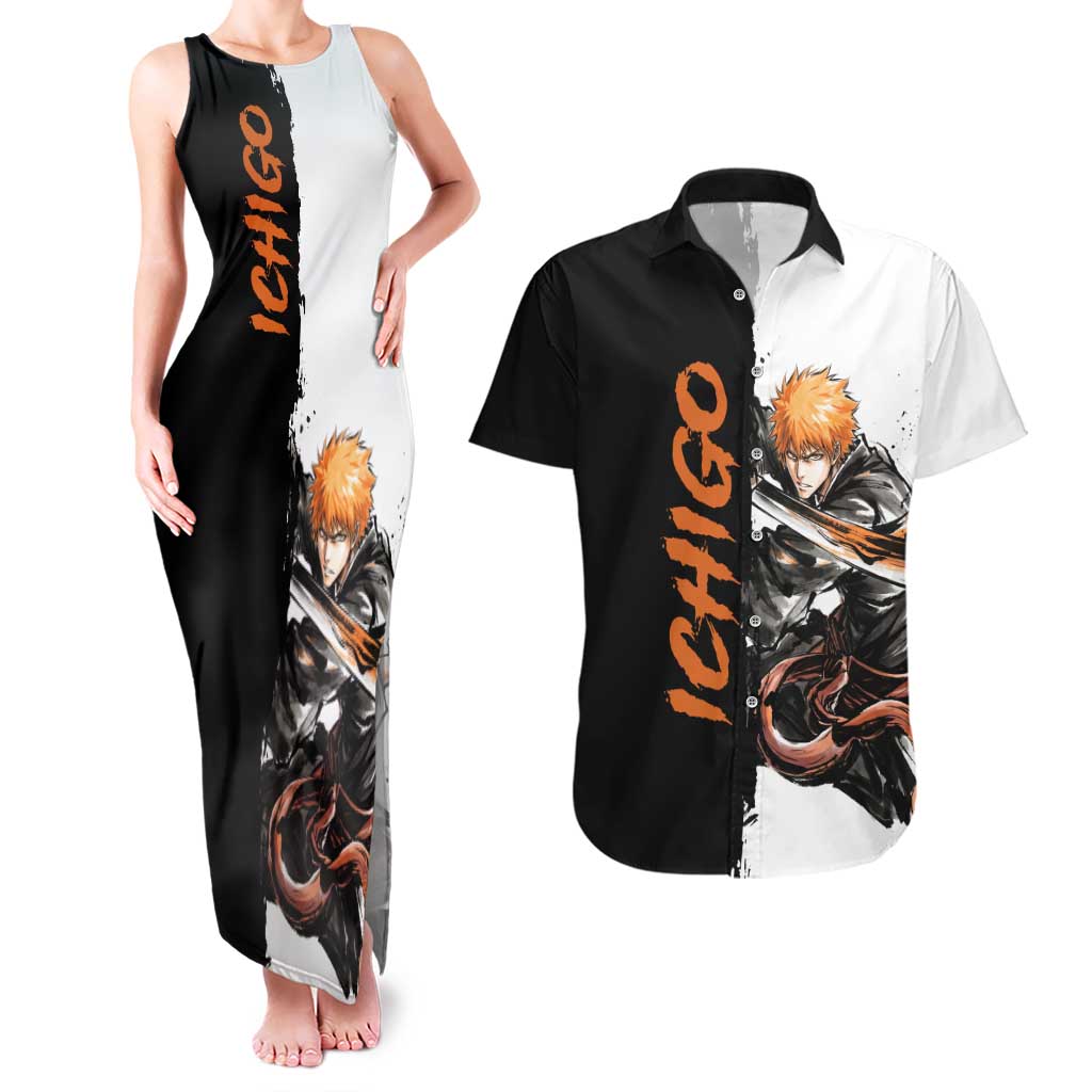 Personalized Ichigo Kurosaki Couples Matching Tank Maxi Dress and Hawaiian Shirt Ink Splash Anime Brush Style