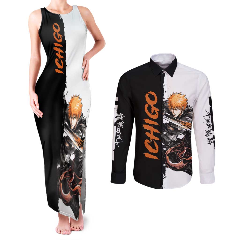 Personalized Ichigo Kurosaki Couples Matching Tank Maxi Dress and Long Sleeve Button Shirt Ink Splash Anime Brush Style