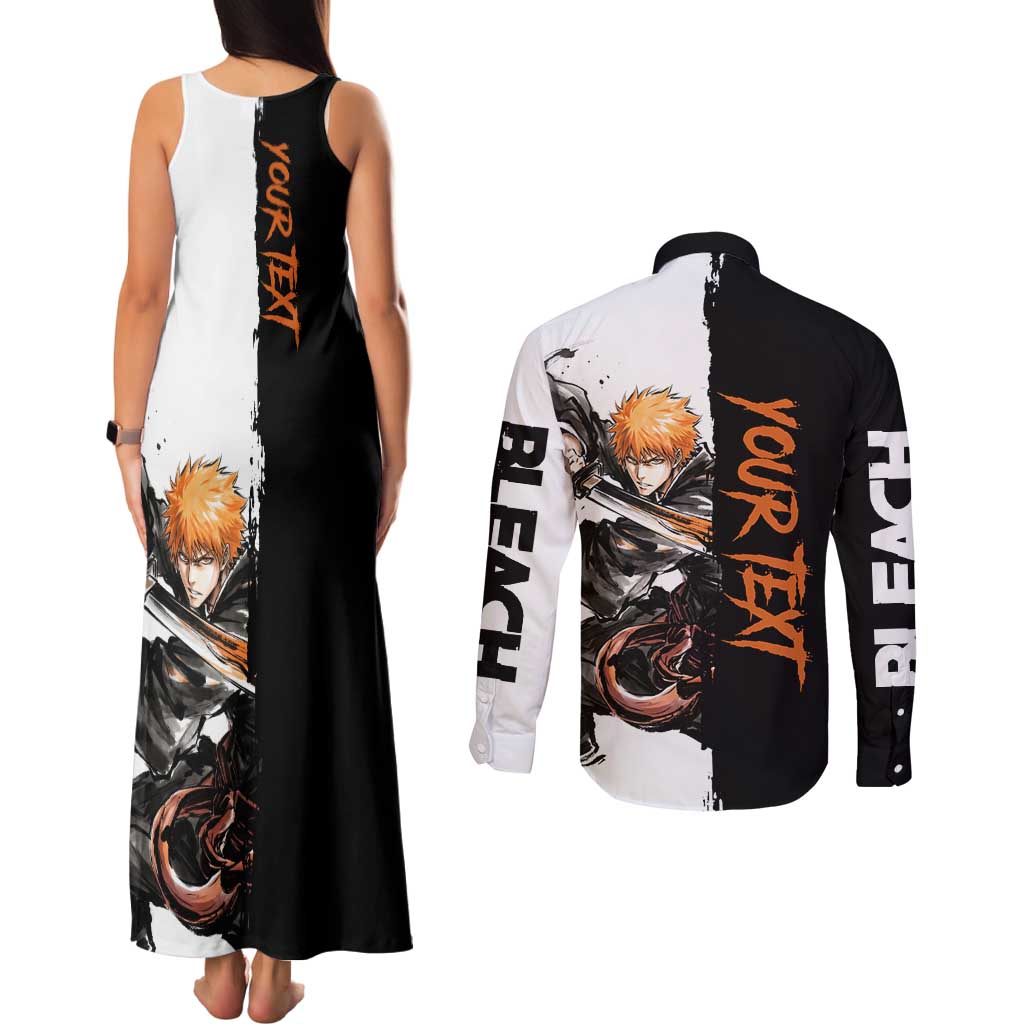 Personalized Ichigo Kurosaki Couples Matching Tank Maxi Dress and Long Sleeve Button Shirt Ink Splash Anime Brush Style