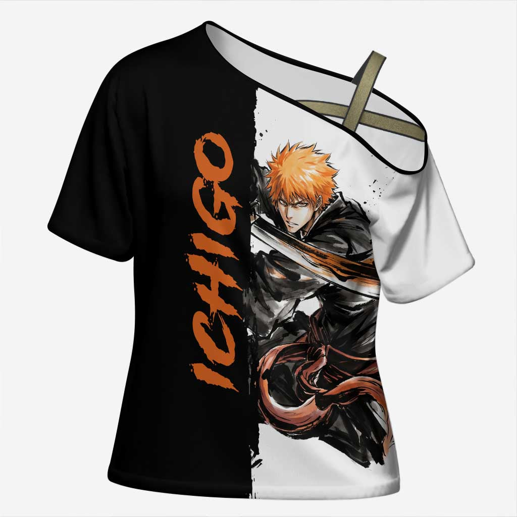 Personalized Ichigo Kurosaki Cross Shoulder Shirt Ink Splash Anime Brush Style