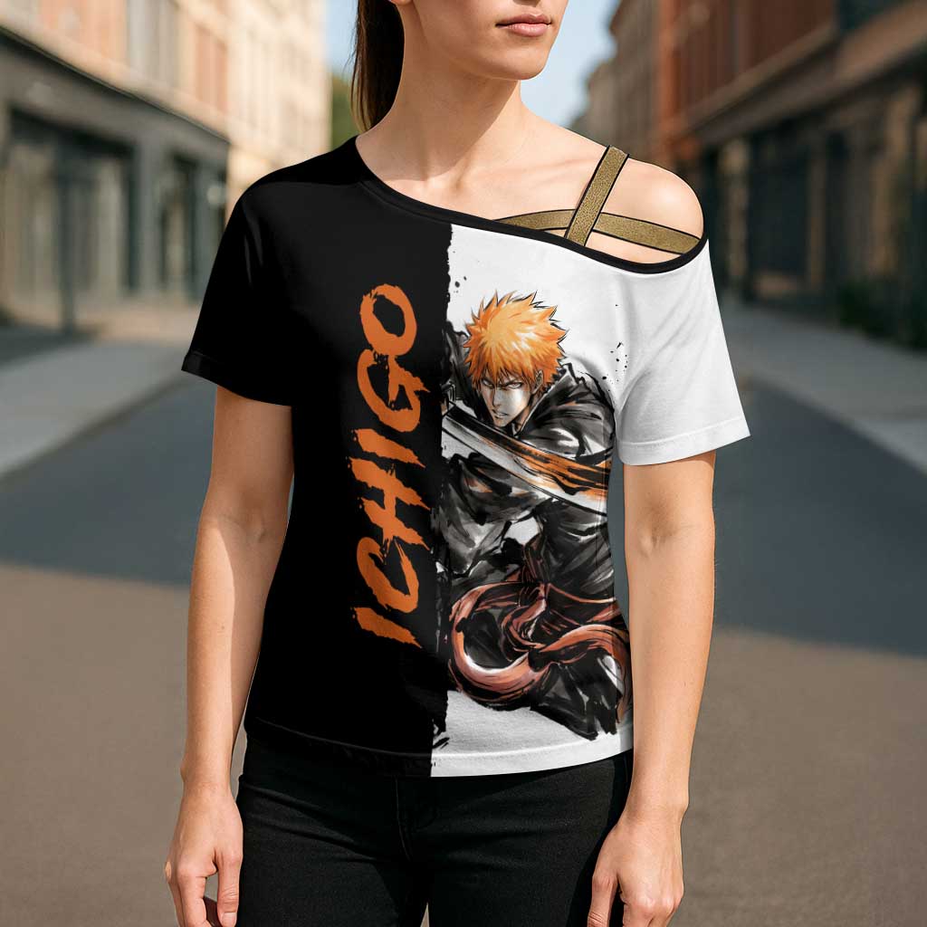 Personalized Ichigo Kurosaki Cross Shoulder Shirt Ink Splash Anime Brush Style