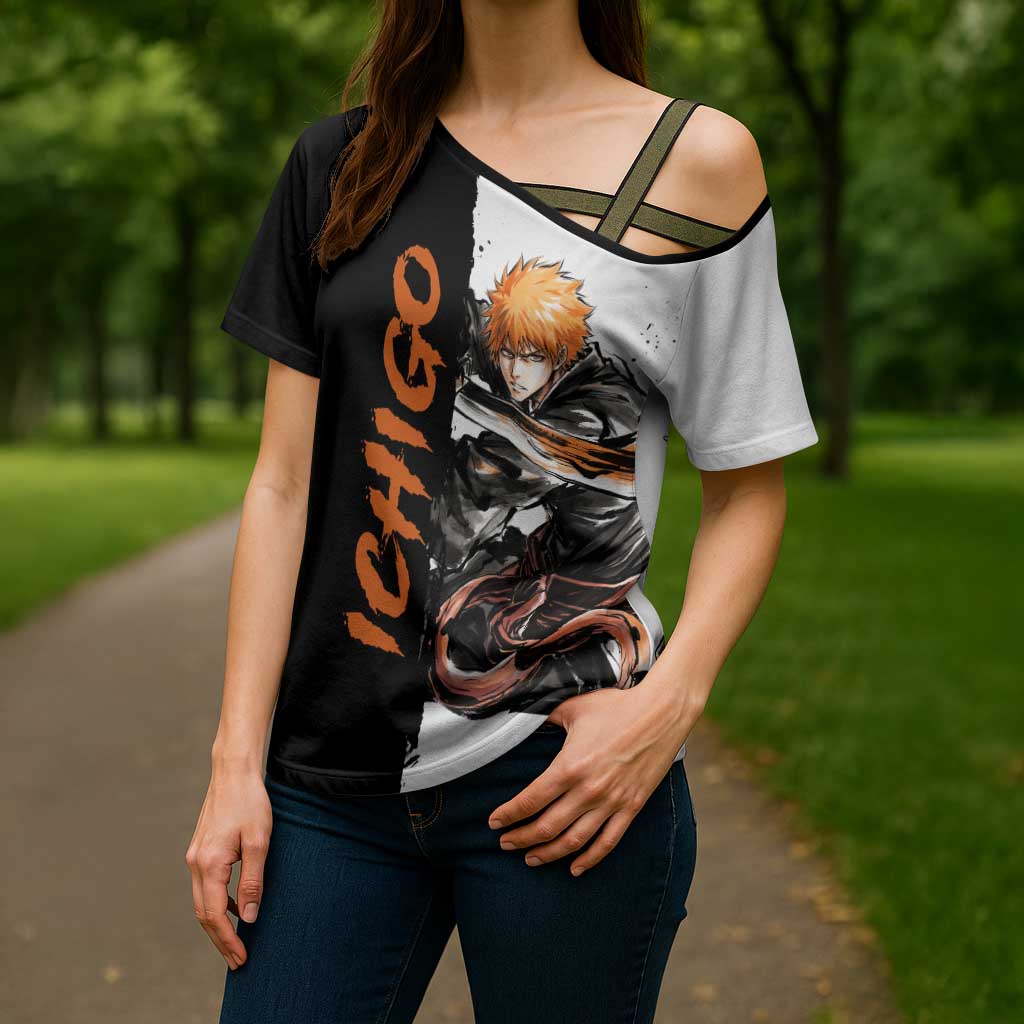 Personalized Ichigo Kurosaki Cross Shoulder Shirt Ink Splash Anime Brush Style
