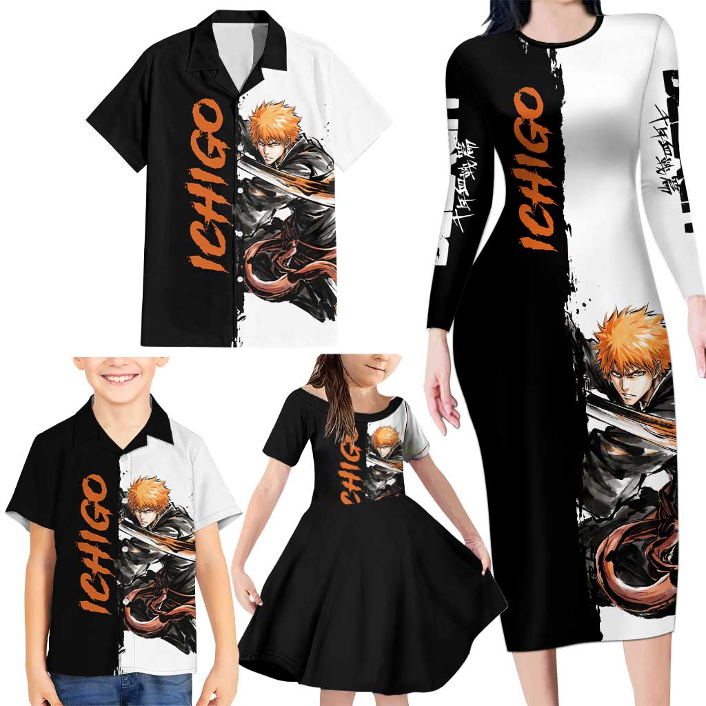 Personalized Ichigo Kurosaki Family Matching Long Sleeve Bodycon Dress and Hawaiian Shirt Ink Splash Anime Brush Style