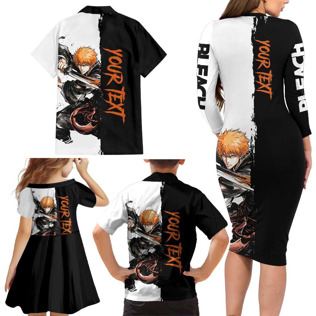 Personalized Ichigo Kurosaki Family Matching Long Sleeve Bodycon Dress and Hawaiian Shirt Ink Splash Anime Brush Style