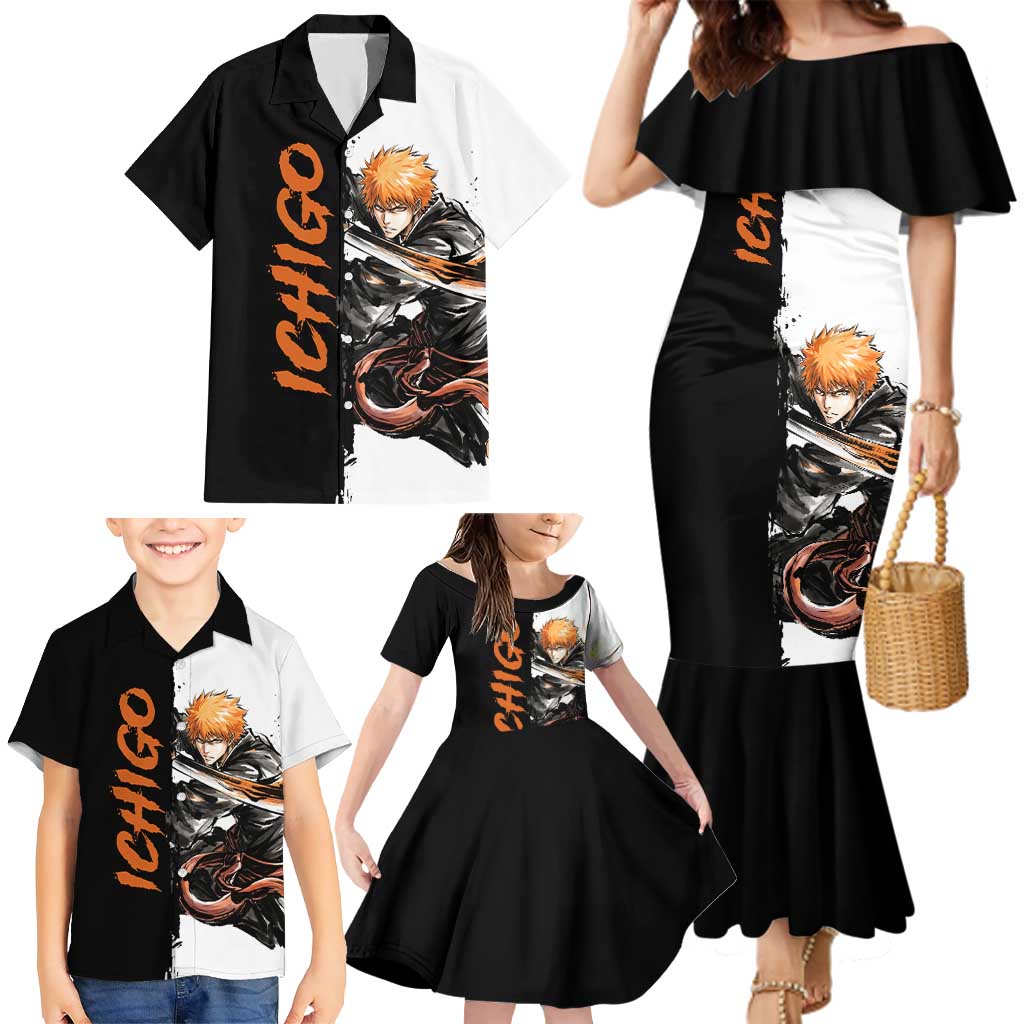 Personalized Ichigo Kurosaki Family Matching Mermaid Dress and Hawaiian Shirt Ink Splash Anime Brush Style