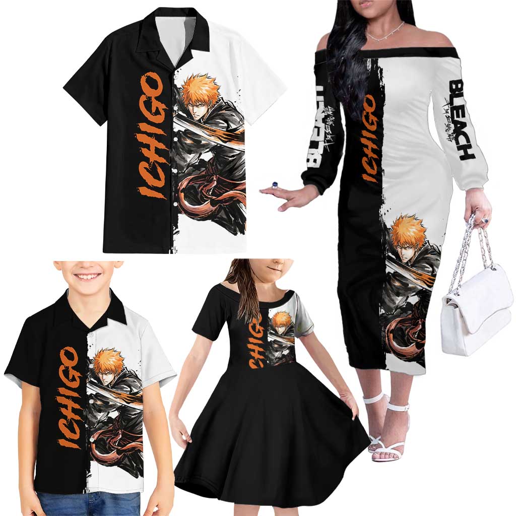 Personalized Ichigo Kurosaki Family Matching Off The Shoulder Long Sleeve Dress and Hawaiian Shirt Ink Splash Anime Brush Style