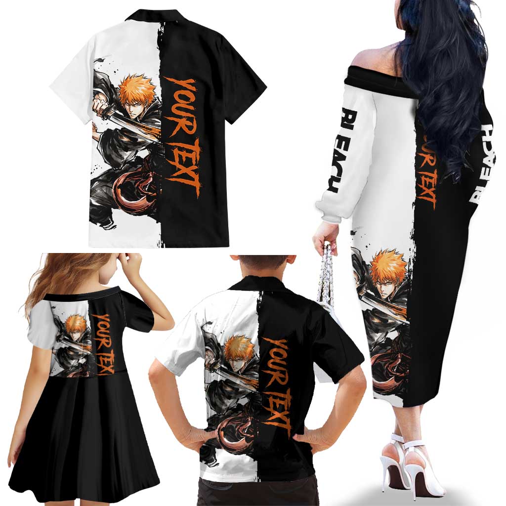 Personalized Ichigo Kurosaki Family Matching Off The Shoulder Long Sleeve Dress and Hawaiian Shirt Ink Splash Anime Brush Style