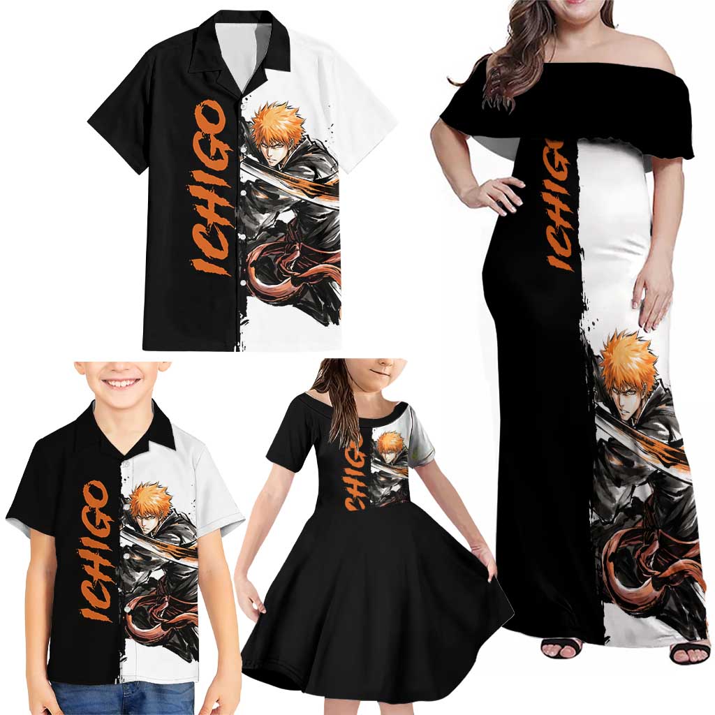 Personalized Ichigo Kurosaki Family Matching Off Shoulder Maxi Dress and Hawaiian Shirt Ink Splash Anime Brush Style