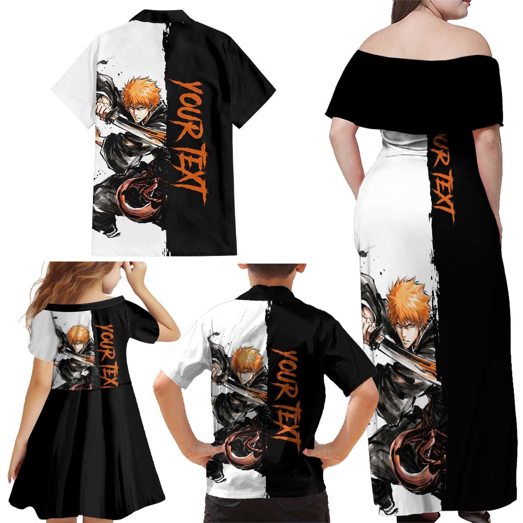 Personalized Ichigo Kurosaki Family Matching Off Shoulder Maxi Dress and Hawaiian Shirt Ink Splash Anime Brush Style
