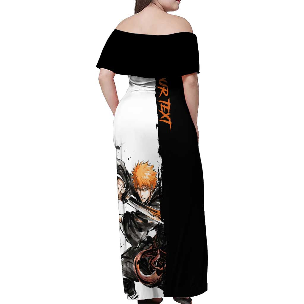 Personalized Ichigo Kurosaki Family Matching Off Shoulder Maxi Dress and Hawaiian Shirt Ink Splash Anime Brush Style
