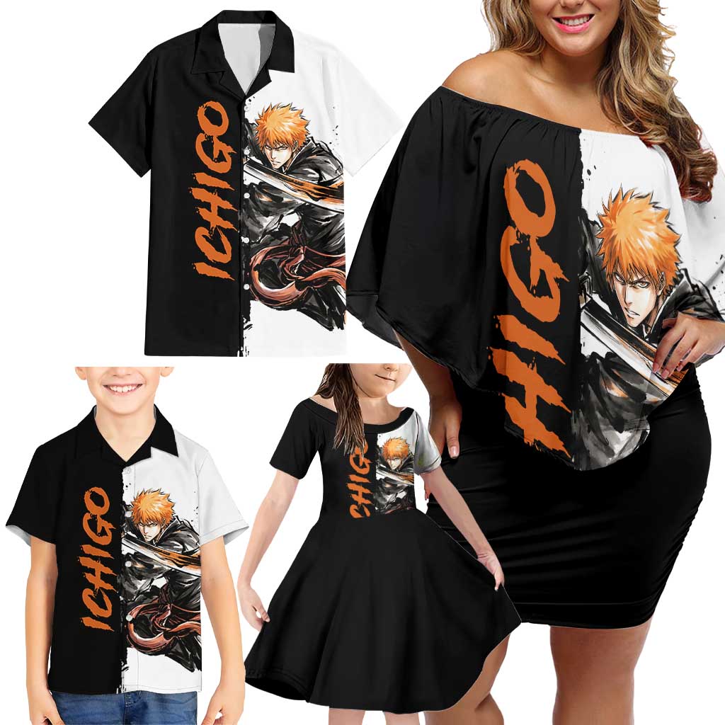 Personalized Ichigo Kurosaki Family Matching Off Shoulder Short Dress and Hawaiian Shirt Ink Splash Anime Brush Style