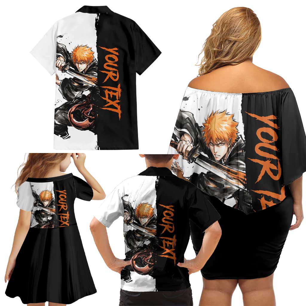 Personalized Ichigo Kurosaki Family Matching Off Shoulder Short Dress and Hawaiian Shirt Ink Splash Anime Brush Style