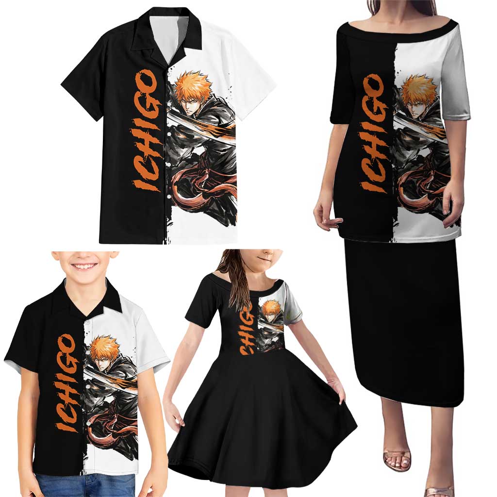 Personalized Ichigo Kurosaki Family Matching Puletasi and Hawaiian Shirt Ink Splash Anime Brush Style