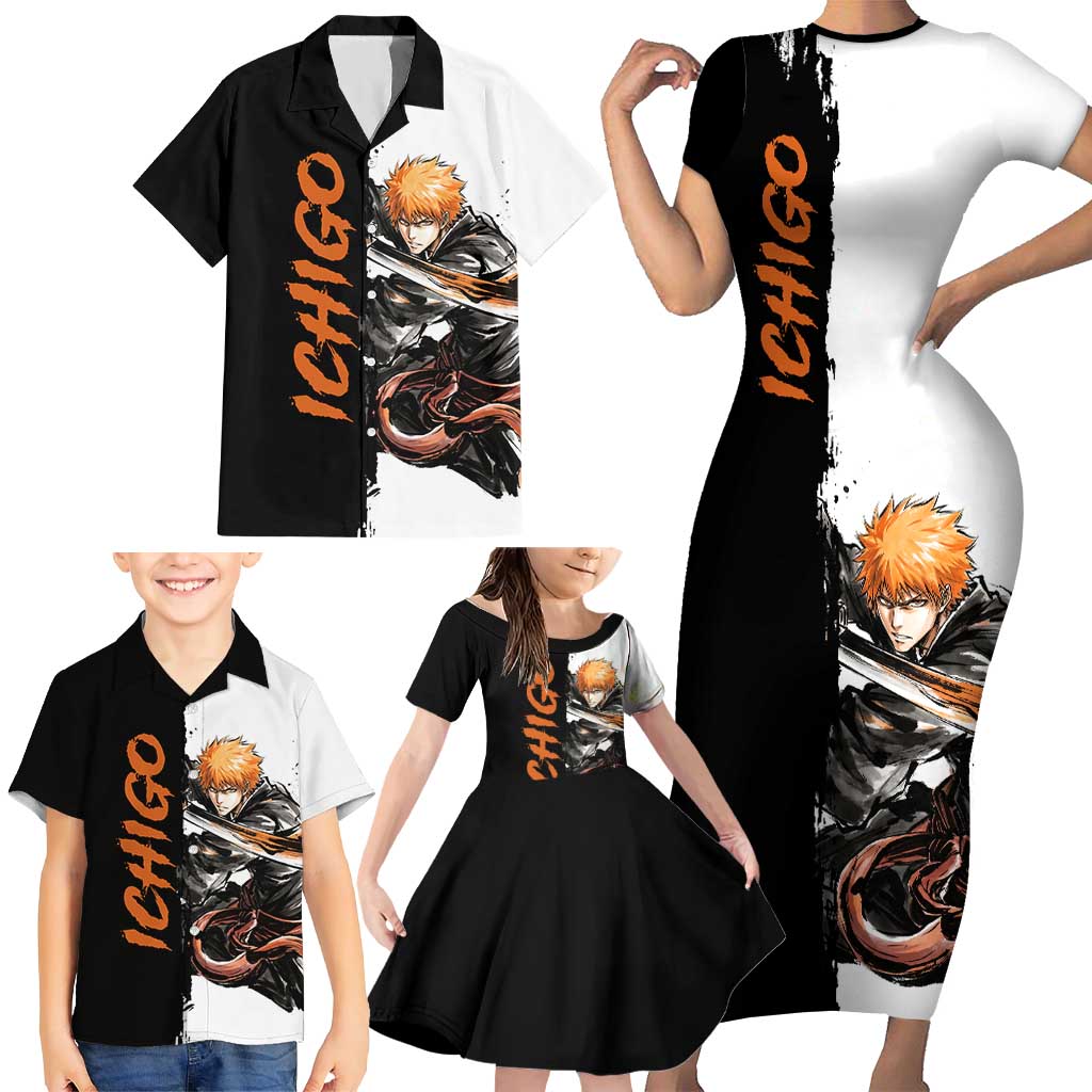 Personalized Ichigo Kurosaki Family Matching Short Sleeve Bodycon Dress and Hawaiian Shirt Ink Splash Anime Brush Style