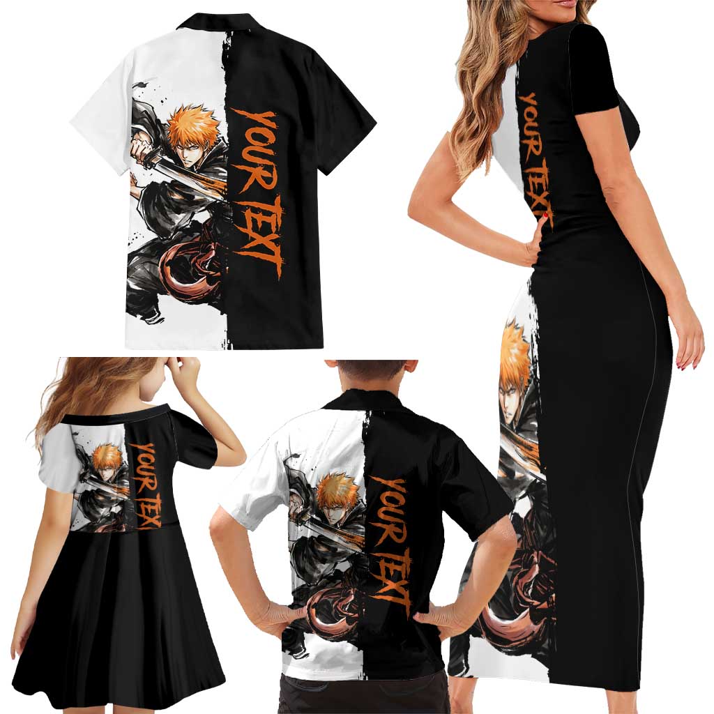Personalized Ichigo Kurosaki Family Matching Short Sleeve Bodycon Dress and Hawaiian Shirt Ink Splash Anime Brush Style