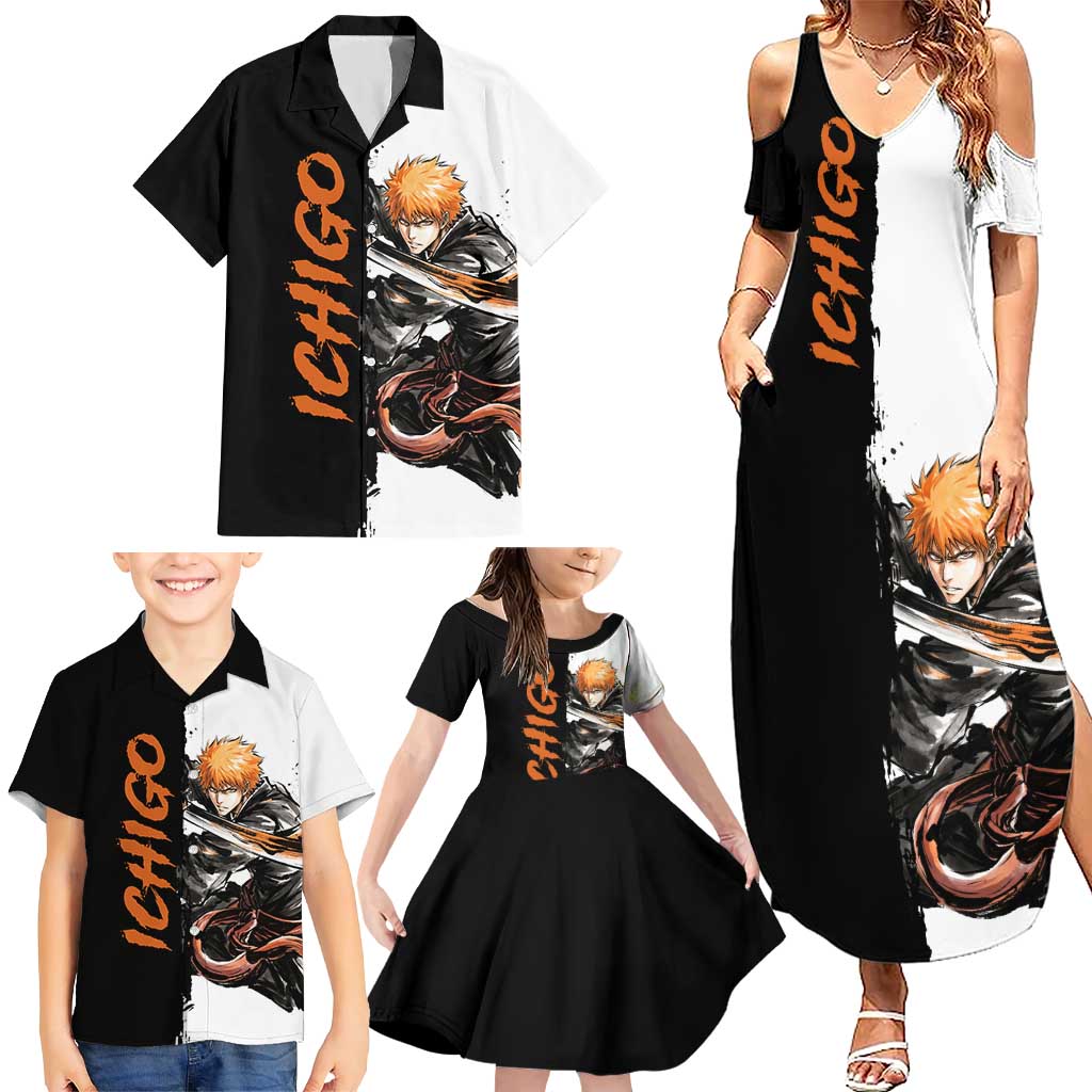 Personalized Ichigo Kurosaki Family Matching Summer Maxi Dress and Hawaiian Shirt Ink Splash Anime Brush Style