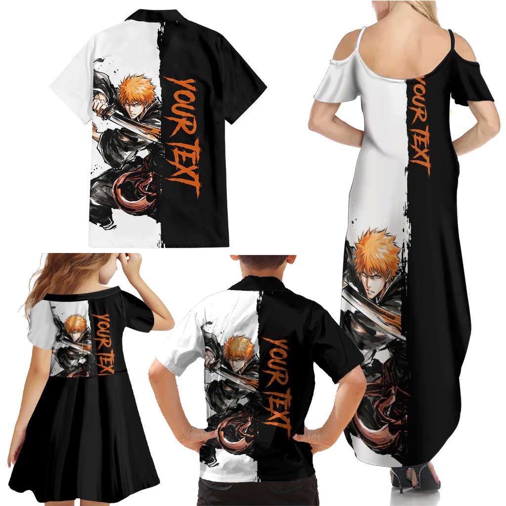 Personalized Ichigo Kurosaki Family Matching Summer Maxi Dress and Hawaiian Shirt Ink Splash Anime Brush Style