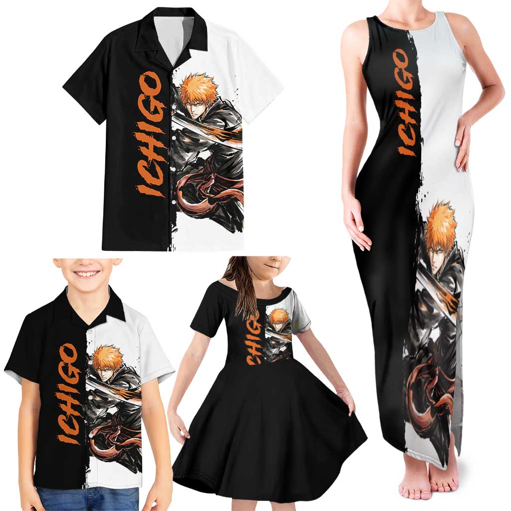Personalized Ichigo Kurosaki Family Matching Tank Maxi Dress and Hawaiian Shirt Ink Splash Anime Brush Style
