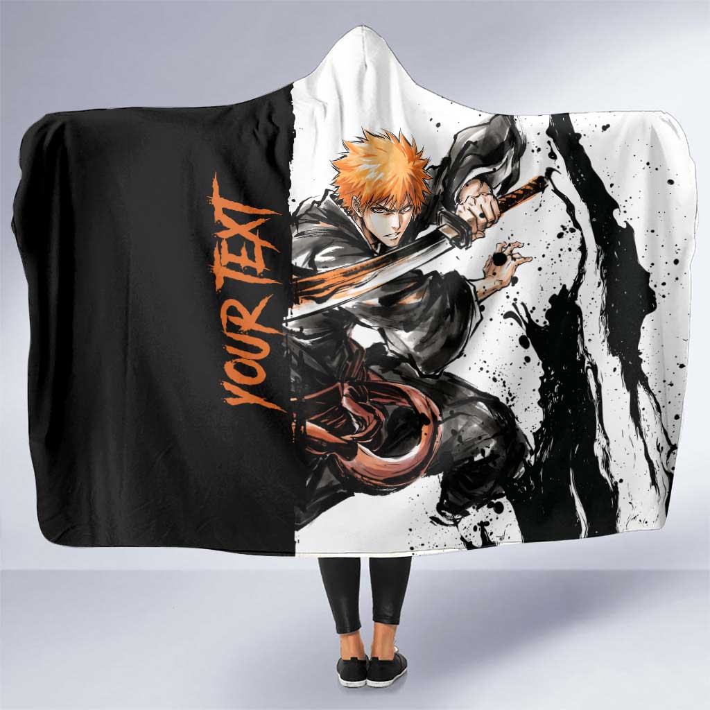 Personalized Ichigo Kurosaki Hooded Blanket Ink Splash Anime Brush Style