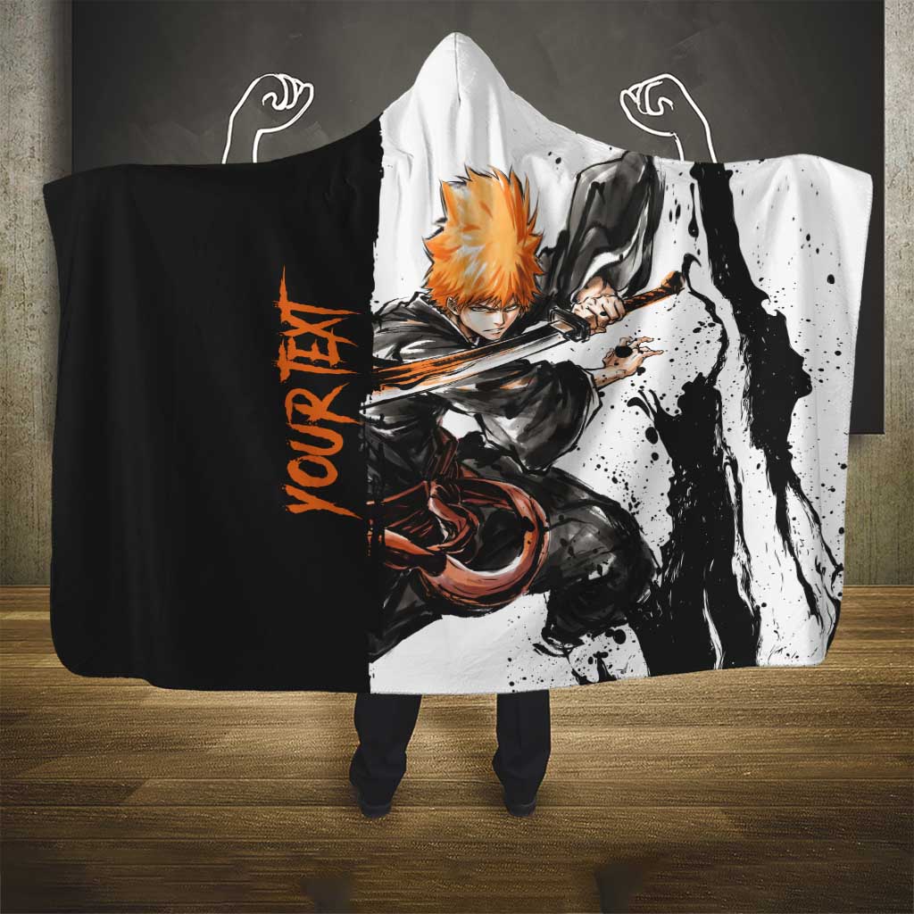 Personalized Ichigo Kurosaki Hooded Blanket Ink Splash Anime Brush Style