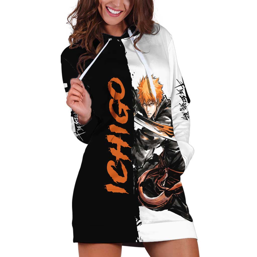 Personalized Ichigo Kurosaki Hoodie Dress Ink Splash Anime Brush Style