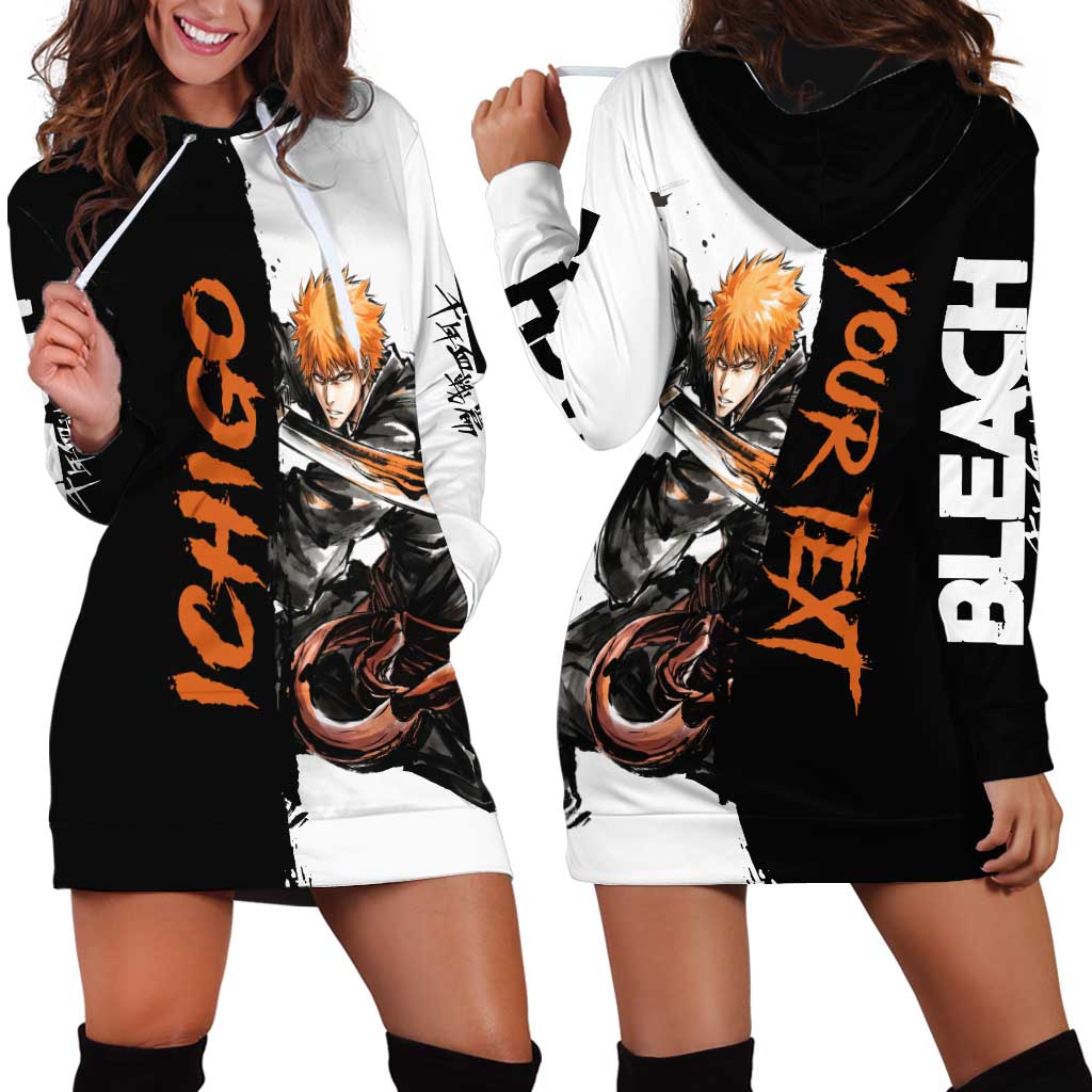 Personalized Ichigo Kurosaki Hoodie Dress Ink Splash Anime Brush Style