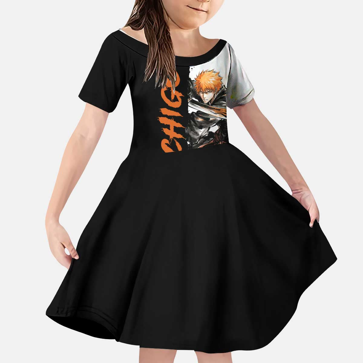 Personalized Ichigo Kurosaki Kid Short Sleeve Dress Ink Splash Anime Brush Style