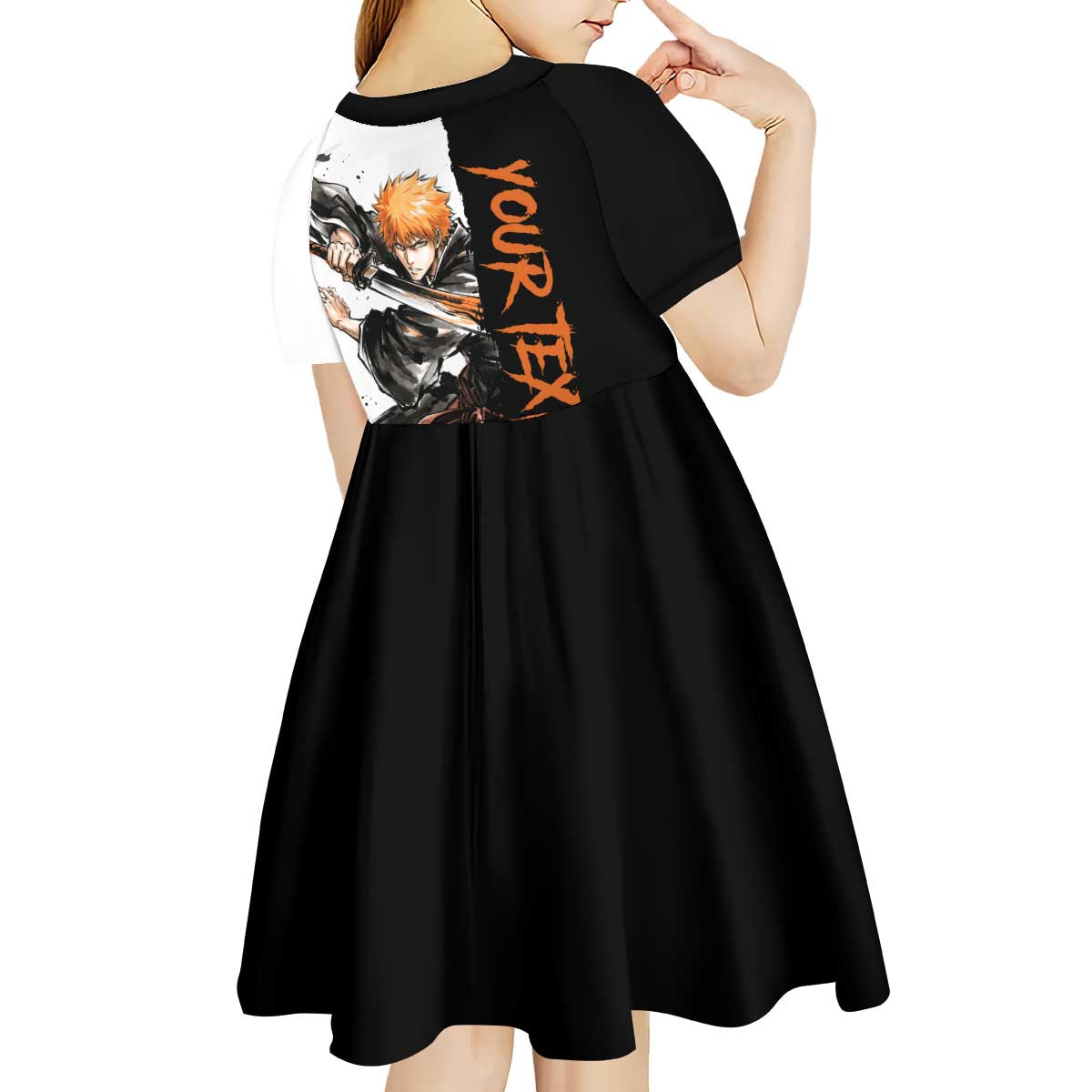 Personalized Ichigo Kurosaki Kid Short Sleeve Dress Ink Splash Anime Brush Style