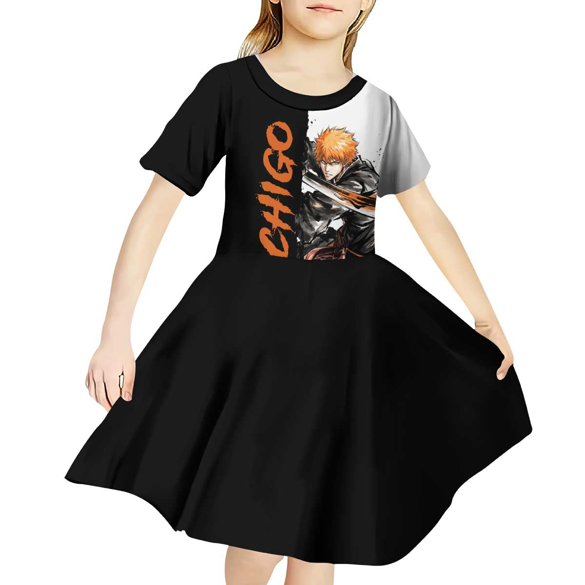 Personalized Ichigo Kurosaki Kid Short Sleeve Dress Ink Splash Anime Brush Style
