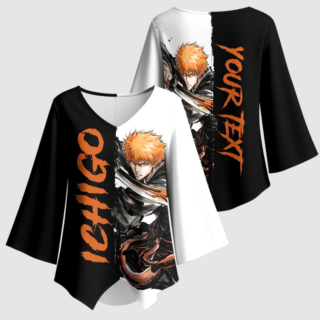 Personalized Ichigo Kurosaki Kimono Sleeve Blouse Ink Splash Anime Brush Style