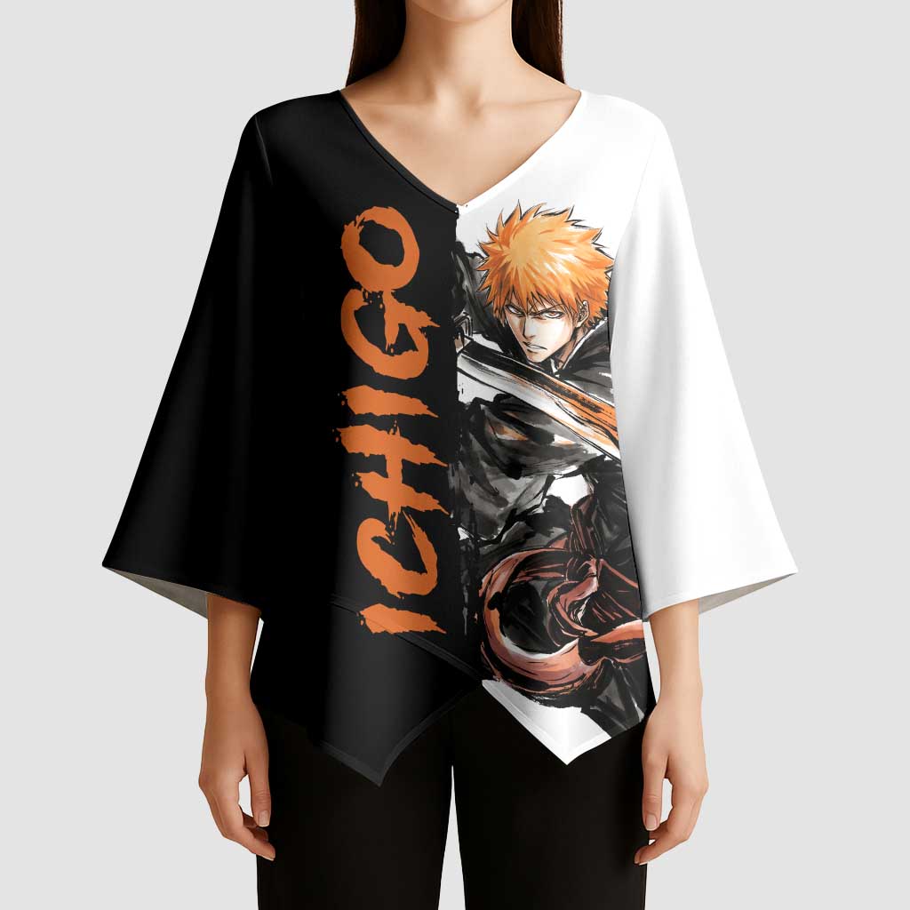 Personalized Ichigo Kurosaki Kimono Sleeve Blouse Ink Splash Anime Brush Style