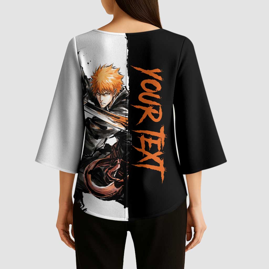 Personalized Ichigo Kurosaki Kimono Sleeve Blouse Ink Splash Anime Brush Style